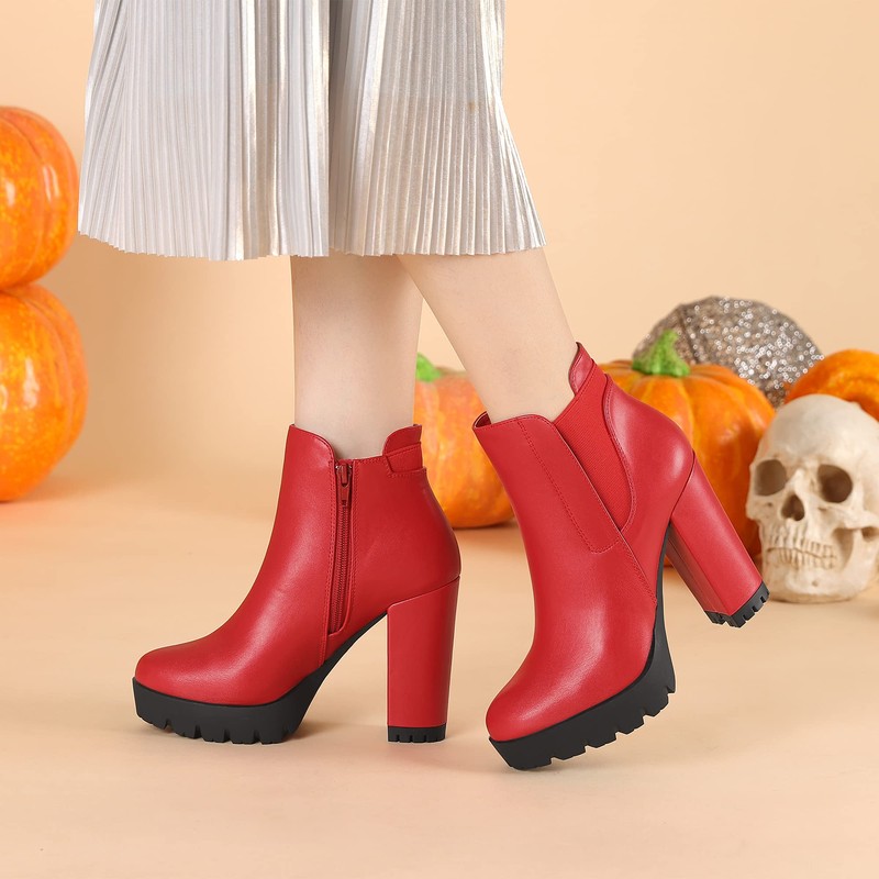 Allegra K Women Chunky High Heel Platform Zipper Red Chelsea