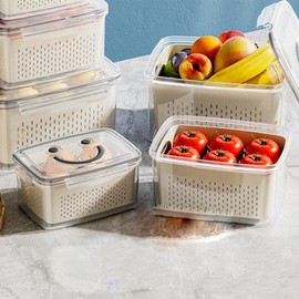 UUE Food Storage Containers Set of 3 (2.5 L + 1.5 L + 0.8 L) with Lid and Strainer, BPA-Free Storage Containers, Fridge Organiser for Salad Berries, Drippable & Stackable, White