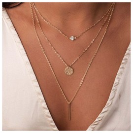 Iaceble Boho Layered Crystal Choker Necklace Coin Disc Pendant Necklace Silver Bar Necklace Multi Layer Cz Necklace Choker Jewelry for Women(Silver)