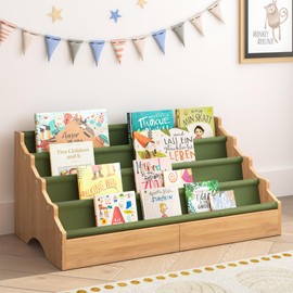 ELYKEN Book shelf for Kids Rooms, Nursery Book Shelves with Open Forward Display, Toddler Montessori Bookshelf for Baby Room, Small Children Classroom Books Rack Storage, Reading Corner for Kid, Green