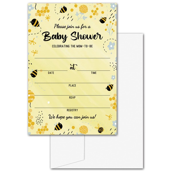 Baby Shower Invitations with Envelopes,Bumble Bee Fill-in Invites for Gender Reveal Party/ Pregnancy Announcement,Honey Honeycomb Join Us Invitation,Baby Shower Party Favors Decorations,25 Pack(B07)