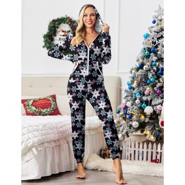 Ekouaer Jumpsuit for Women Onesie Pyjamas with Hood Long Sleeve with Zip Winter Women Onesie Pyjamas, Pat4 Snowflake