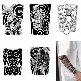Mirhua Tattoo Stickers, 6.7 x 9.4 inches (17 x 24 cm), Waterproof, Long Lasting, Set of 5, Men's Tattoo Stickers, Japanese Carved, 2 Weeks Disappearing, Tattoo Stickers, Arm