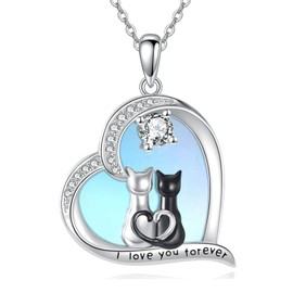 YAFEINI Cat Necklace Sterling Silver Black Cat Necklace Heart Pet Jewelry For Women Mother Daughter