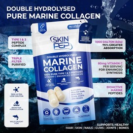 Pure Marine Collagen Supplements for Women & Men - SkinPep (60 Capsules) | 1270mg | 1 Month Supply | 1000 Dalton Bioactive Triple Filtered | Type 1 & 3 Hydrolysed Fish Collagen Peptides + Vitamin C