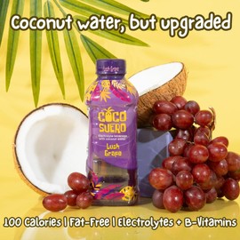 Coco Suero Electrolyte Coconut Water – 12-Pack | 100 Calories, Fat-Free, Packed with B3, B6, B12 for Energy & Hydration | No Artificial Flavors | Amino Acids | Sweetened with Dextrose | (20.2 Fl Oz, Lush Grape)