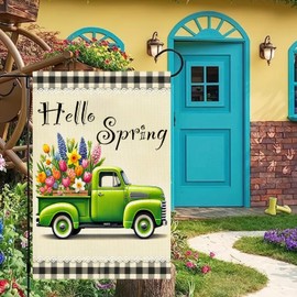 BlissYard Hello Spring Garden Flag Double Sided 12x18 Inch Truck Garden Flag Buffalo Plaid Truck with Flowers Yard Decoration Small Seasonal Spring Summer Outdoor Decor Farmhouse Holiday Lawn Flag