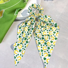 2Pcs St. Patrick's Day Hair Bows Clover Bow Silk Scrunchies Shamrock Knotted Bow Hair Ties Irish Cheer Hair Scarf Scrunchies Satin Ribbon with Long Tail St. Patrick's Day Hair Accessories