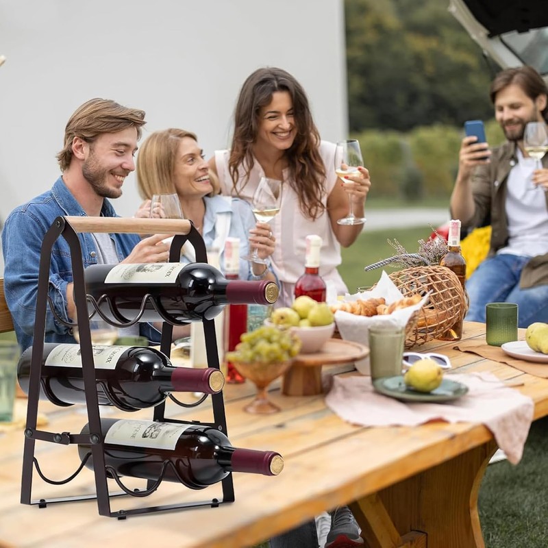 VANEME 6‑Bottle Foldable Stackable Metal Wine Rack with Wooden Handle,
