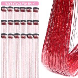 ZYXQZYX ZYXQZYX Hair Tinsel Kit Pack of 18 Pcs Hair Tinsel Clip in 19.6Inch Glitter Tinsel Hair Extensions Heat Resistant Clip in Hair Tinsel Sparkle Fairy Hair Accessories for Kids Girls Women (Red)