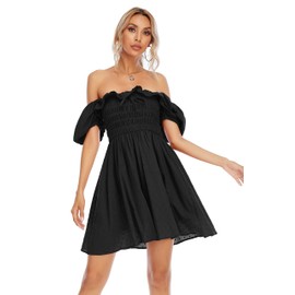 R.Vivimos Women's Summer Cotton Short Sleeve Square Neck Elastic Smocked Ruffle Floral Print Swing Mini Dress (XL, Black)