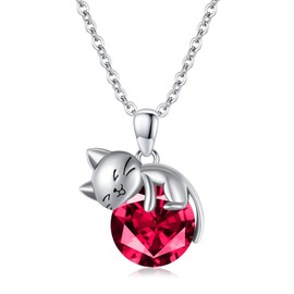 SLIACETE Cat Necklace 925 Sterling Silver Cat Pendant Chain for Women Girls Cat Jewellery Gifts for Cat Lovers, Sterling Silver, Ruby