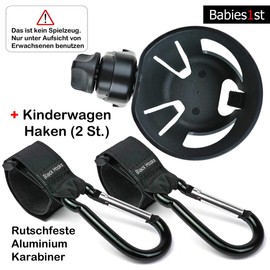 Babies1st Drinks Holder for Pushchairs and Buggies, Screw Clamp with Non-Slip Insert + Pack of 2 Pram Hooks, Aluminium Carabiner Hooks, Non-Slip and Safe