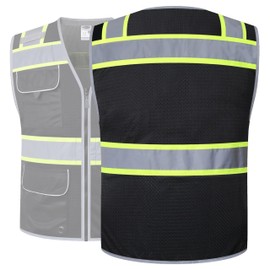 JKSafety Hi-Vis Safety Vest for Men&Women High Visibility Reflective Mesh Construction Work Vest Multi-Pockets PPE ANSI/ISEA compliant (189-Black XL)