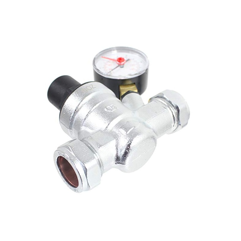 SPARES2GO Boiler Pressure Reducing Regulator Valve with Gauge for 22mm