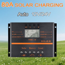 Solar Controller 80A 12V / 24V Battery Charge Regulator Auto 960W / 1920W with LCD Display Mobile Power Supply Charger 5V USB Enhanced Heat Sink (80A)