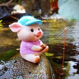 Garden Figures for Outdoor Weatherproof, Cute Decorative Garden Pig Figures, Fishing Figure Pig Decoration, Animal Ornament Statue, Resin Garden Decoration Pig Figures, Balcony Pond Decoration, Gift
