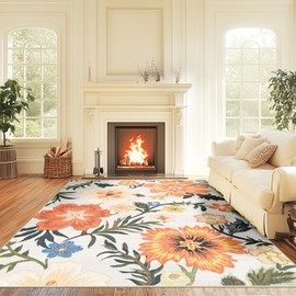 CAPALOCA 8x10 Rug, Machine Washable Vintage Floral Print Rug, Water Repellent Low Pile Soft Non Slip Carpets for for Living Room & Bedroom, White