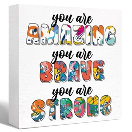Inspirational Wood Box Sign You Are Amzaing Brave Strong Wooden Block Signs Motivational Quote Desk Décor for Home Office Bedroom Table Décor, Cheer Up Gifts for Women Girl Friend