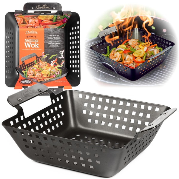 Barbecue Grilling Wok - Heavy Duty Non-Stick BBQ Grill Basket w Stainless Steel Handles- 3" Deep Pan Keeps Meat & Veggies Inside- Indoor Outdoor Use-Great for FBBQs & Grill Accessory XMas Gift for Men