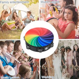8 Inch Rainbow Tambourine Wooden Handbell Early Education Percussion Instrument with Double Row Jingles for Children Boys Girls