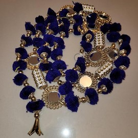 Indian Handmade Pom Pom Garland with mirrors latkans 5 feet approx pack of 2 garlands Diwali decor Christmas decor (Blue)