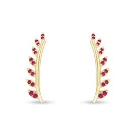Simulated Ruby Ear Crawler Cuff Earrings 14k Yellow Gold Over Sterling Silver Climber Studs Olive Leaf