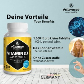Vitamaze - amazing life Vitamin D3 1000 IE hochdosiert & vegetarisch, 200 Tabletten zur Dauerversorgung, 25 mcg reines Cholecalciferol, Natürliche Nahrungsergänzung ohne Zusatzstoffe, Made in Germany