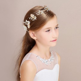Campsis Wedding Bride Pearl Headpiece Golden Leaf Alloy Tie Back Princess Headband Elegant Bridal Bridesmaid Hair Accessories Prom Photography for Women and Girls