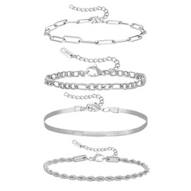 OOOPEL 4Pcs Silver Bracelet for Women 925 Sterling Silver Bracelets for Women Layered Paperclip Snake Chain Bracelets Adjustable Link Bracelet Hypoallergenic Silver Jewelry for Women Gift