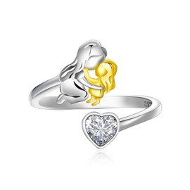 Qings April Moissanite Birthstone Ring 925 Sterling Silver for Mother Daughter Heart Birth Stone Mom Adjustable Open Ring