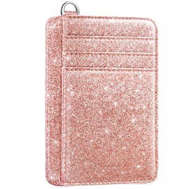 Slim Front Pocket Wallet RFID ID Card Holder Cute Small Wallet with Keychian for Women, Glitter Rose Gold, Slim