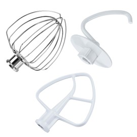 3 Piece Kit Attachments for KitchenAid 4.5-5 Quart Tilt-Head Stand Mixers Artisan Series & Classic Series by MMOBIEL – Aluminum K45 6-Wire Whip, Flat Beater and Dough Hook – Hand Wash Only