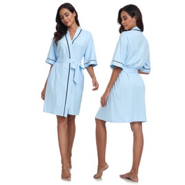 COLORFULLEAF 100% Cotton Dressing Gown Women's Bathrobes Lightweight Short Sauna Kimono Soft Women Sleepwear Short Sleeve, lightblue