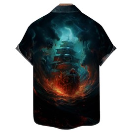 WHNBCW Funny Pirate Hawaiian Shirt Pirate Ship Graphic Short Sleeved Button Down Shirt,Blue,L