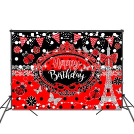 Fitumiw Ladybug Birthday Backdrop 7x5ft Eiffel Tower Butterfly Red and Black Happy Birthday Background Party Decorations for Girl Glitter Lights Bow Dots Banner Photo Booth Props