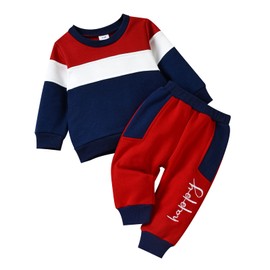 Toddler Baby Boys Girls Clothes Sets Sport Style Long Sleeve Striped Sweatshirt Pullover Top Letter Pants Fall Winter Outfit (Red Blue, 12-18 Months)