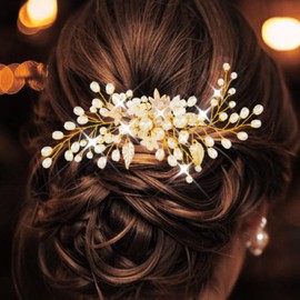 Latious Pearl Bride Wedding Hair Comb Gold Bridal Hair Pieces Leaf Hair Accessories for Women and Girls (Gold)