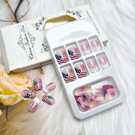 24Pcs 4th of July Press on Nails Short Square Independence Day Fake Nails with American Flag Design Red Blue Fireworks Glue on False Nail Patriotic French Tip Artificial Stick on Nail for Women