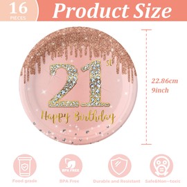 16Pcs 21st Birthday Rose Gold Paper Plates 9 inch,21st Rose Gold Girls Birthday Party Paper Plates,Happy 21st Birthday Tableware Decorations for Her,Women,21st Birthday Gifts Party Supplies