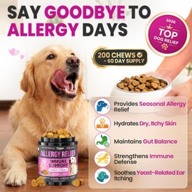 Dog Allergy Chews, Dog Allergy Relief for Itching Skin, Paw Licking, Yeast Relief, Hot Spots, Itchy Ears & Seasonal Allergies, Immune Support– with Colostrum, Probiotics – Chicken Flavor (200ct)