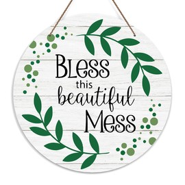Welcome Door Sign, Greenery Home Sweet Home Wooden Sign Round Decorative Wall Plaque, Bless This Beautiful Mess Welcome Sign for Front Door, Christian Farmhouse Hanging Sign Outdoor Decoration -32
