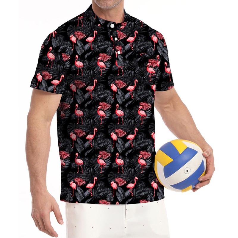 MDLBNSI Golf Shirts for Men Collarless Hawaiian Golf Shirts Flamingo