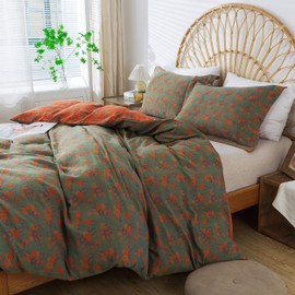 Usfivefam Vintage 100% Double Gauze Washed Cotton Bedding Set Cal King Size Green Orange 3Pcs Duvet Cover Set Farmhouse Pastoral Floral Boho Style Zipper Closure Reversible Bedding Collection