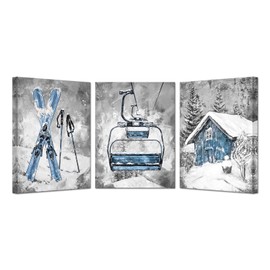 KREATIVE ARTS Ski Lift and Old Barn Canvas Wall Art, 3 Piece Grey and Blue Winter Sports Painting, Vintage Snow Mountain Giclee Prints, Home Decor for Living Room Bedroom, 12x16 Inches Each