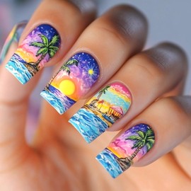 24Pcs Summer Press on Nails Sea Waves & Sunset Design Fake Nails Coconut Tree False Nails Short Square Glue on Nails Acrylic Full Cover Stick on Nails for Women Summer Beach Manicure