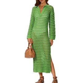 Saodimallsu Womens Crochet Swimsuit Cover Up V Neck Collared Long Sleeve Mesh Knit Long Beach Coverup Maxi Dress Green
