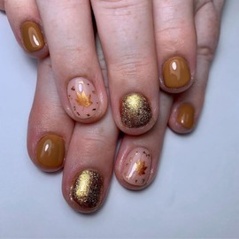 Fall Press on Nails Extra Short Square OFDNE Fake Nails Golden Shimmer False Nails with Designs Maple Leaves Full Cover Glossy Glue on Nails Reusable Acrylic Nails for Women Girls 24 Pcs