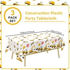 QIYANPAX 3 Pack Construction Plastic Birthday Party Tablecloths, 54 x 108 Inches - Construction Table Covers for Kids' Boys' Construction Birthday Decorations