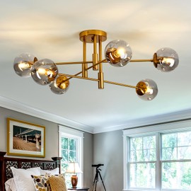 SZXYKEJI 6-Lights Glass Globe Chandelier Modern Flush Mount Ceiling Light Fixture Gold Farmhouse Lighting for Dining Room Living Room Bedroom Kitchen Passageway.